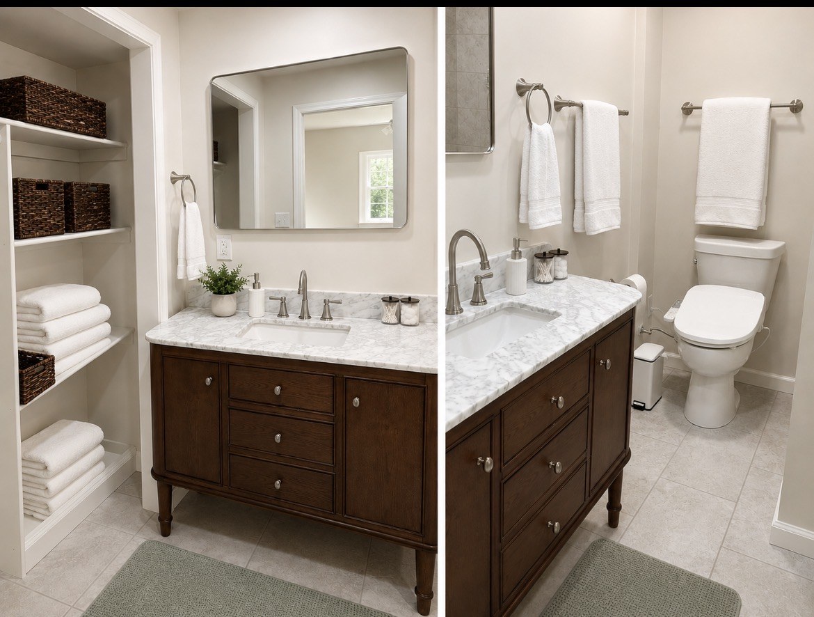 Bathroom with two vanity areas and neatly stocked towels