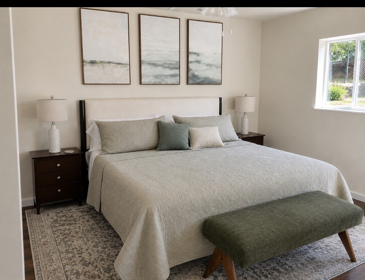 Bedroom with soft sage bedding and lake artwork